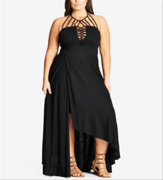 City Chic Women's Strappy Asymmetrical Faux Wrap Halter Maxi Dress Black Size 22W