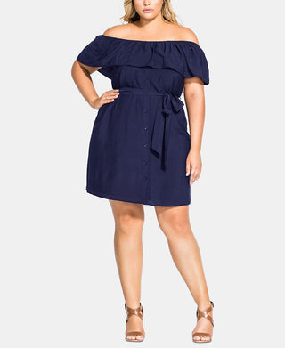 City Chic Women's Off the Shoulder Button Front Dress Blue Size Petite Small