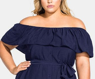 City Chic Women's Off the Shoulder Button Front Dress Blue Size Petite Small