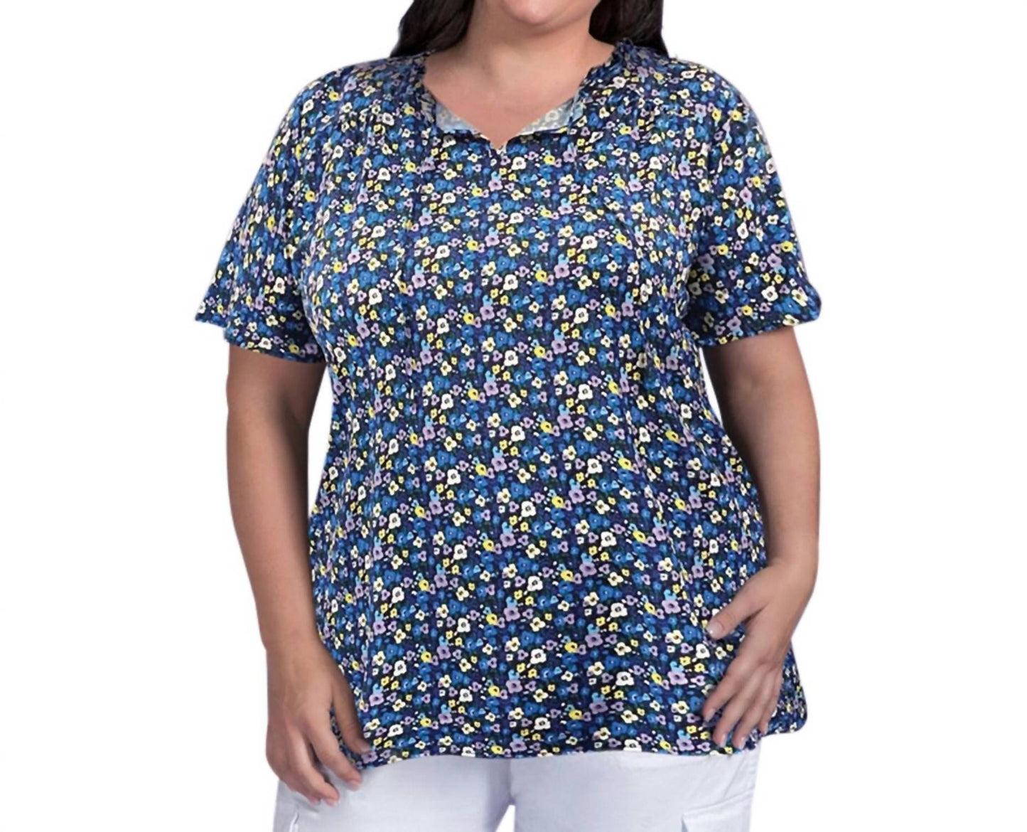 On The Plus Side - Printed Short Sleeve Ruffle and Tie Top - Plus