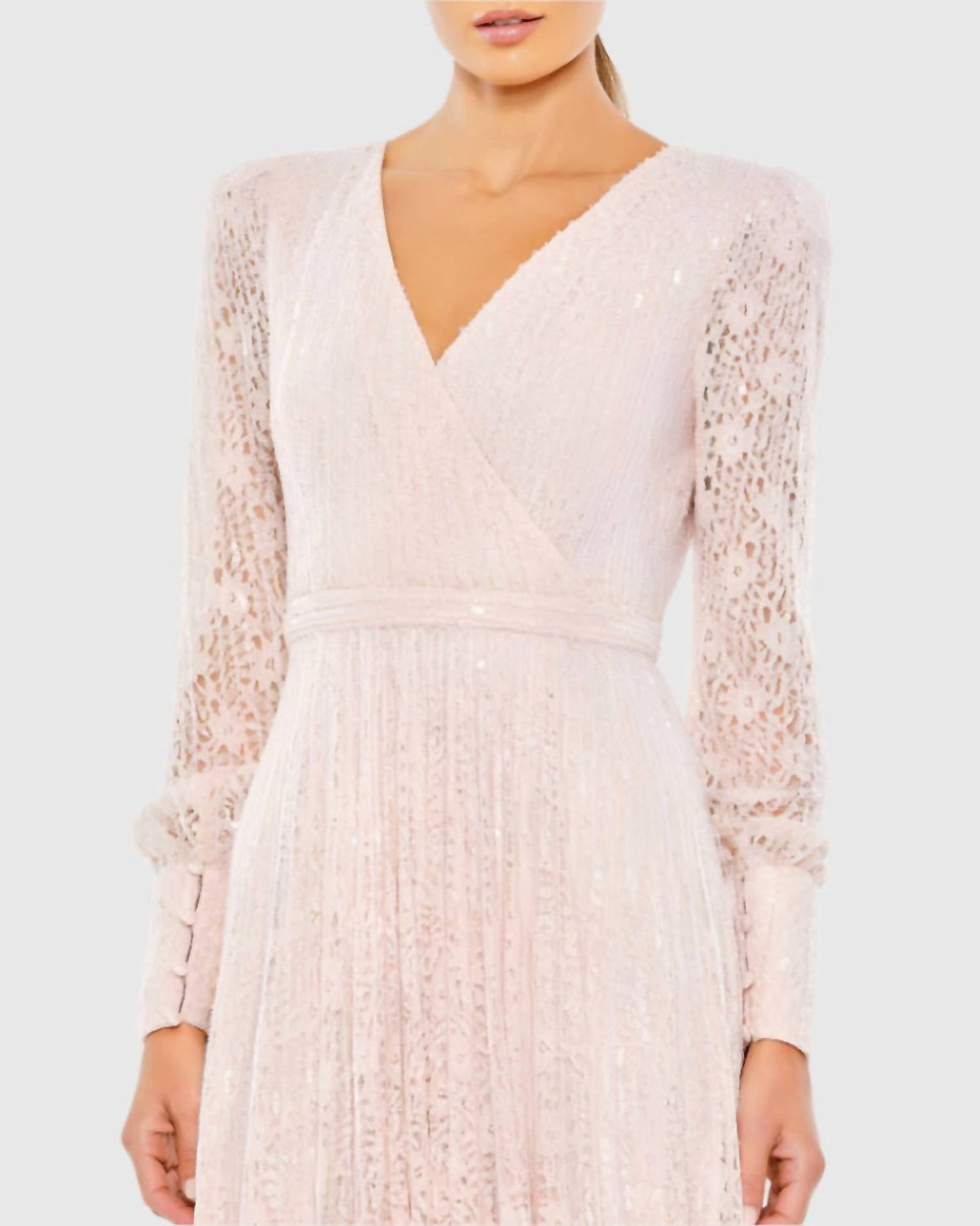 Mac Duggal - Beaded Lace Long Sleeve Wrap Over Gown