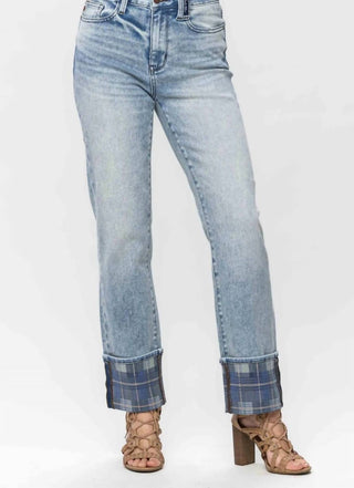 Judy Blue - Vintage Plaid Cuff Straight Leg Jean