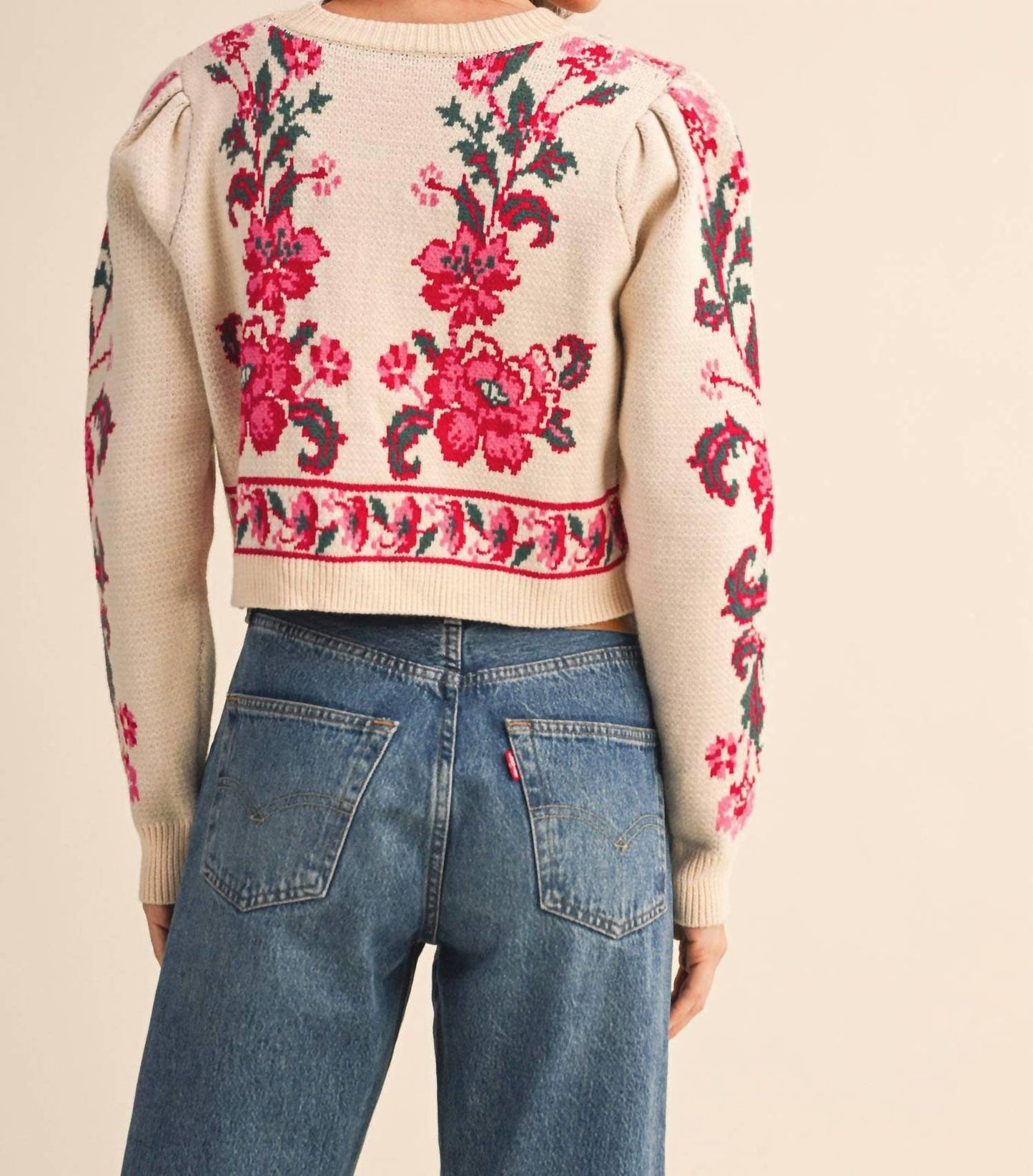 &Merci - Floral Knit Tie-front Cropped Sweater Cardigan