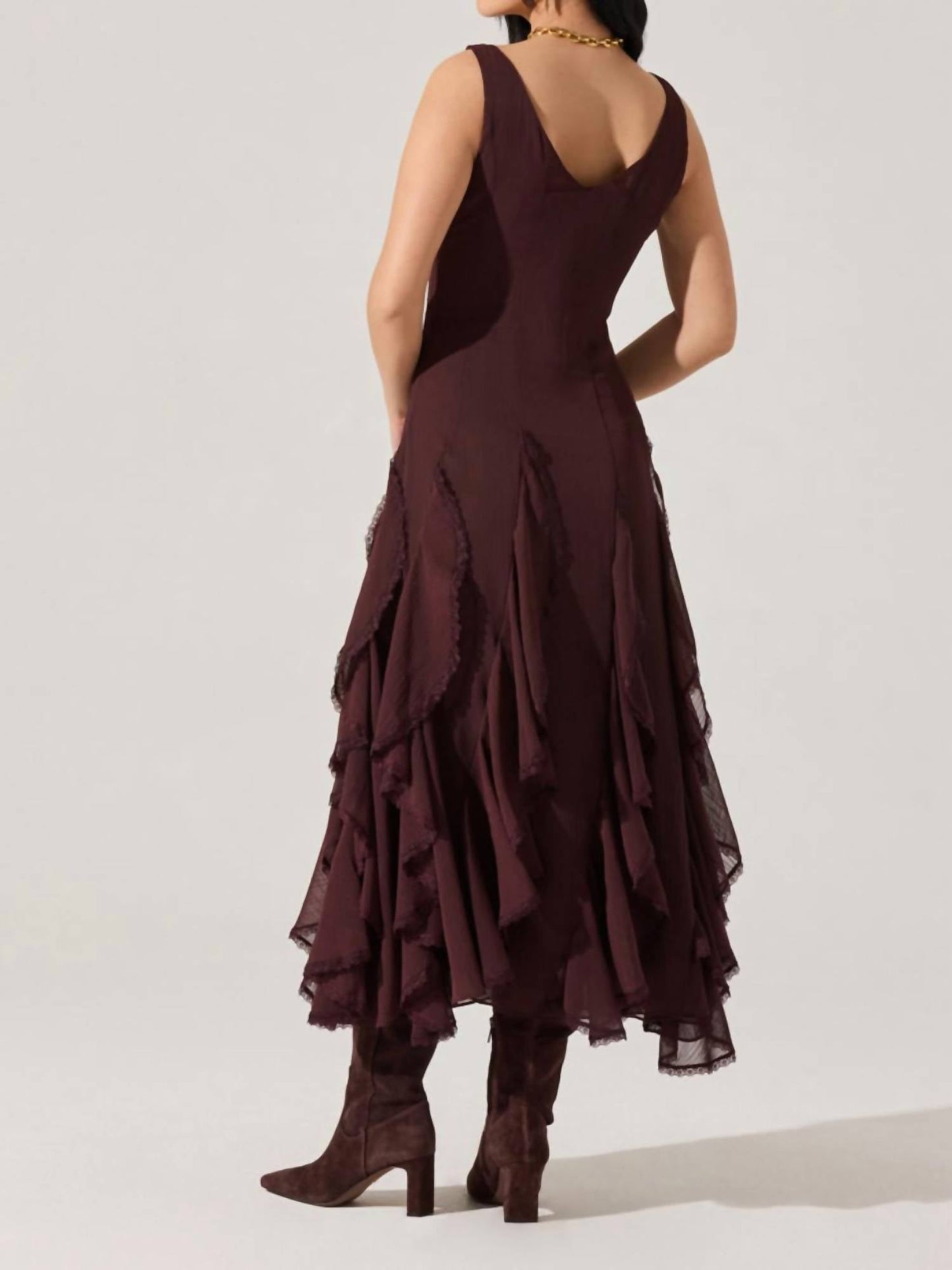 Astr - Philomene V-neck Ruffle Trim Dress