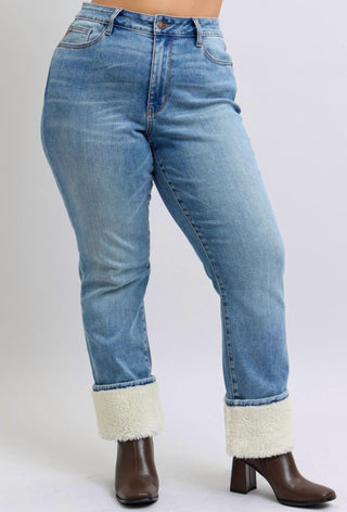 Judy Blue - High Waist Shearling Cuffed Straight Leg Jean