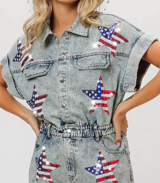 Trendsi - BiBi American Flag Washed Romper