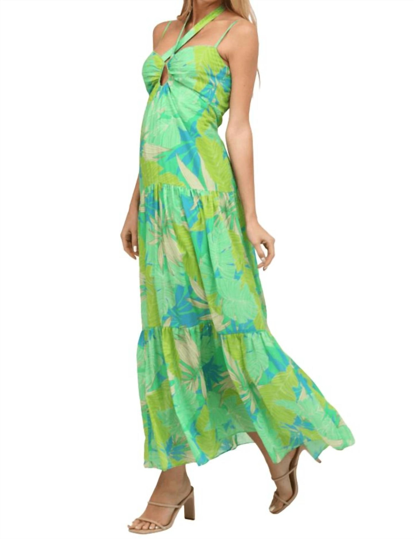 Fate - Tropical Leaf Key Hole Maxi Dress