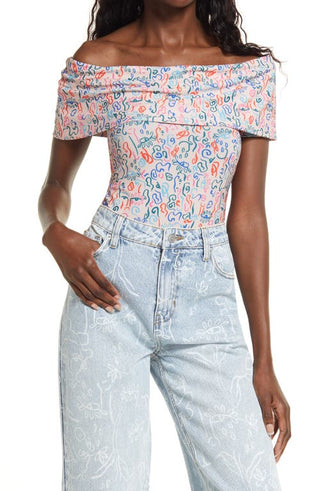 Cristina Martinez Off the Shoulder Bodysuit - Pink Teal