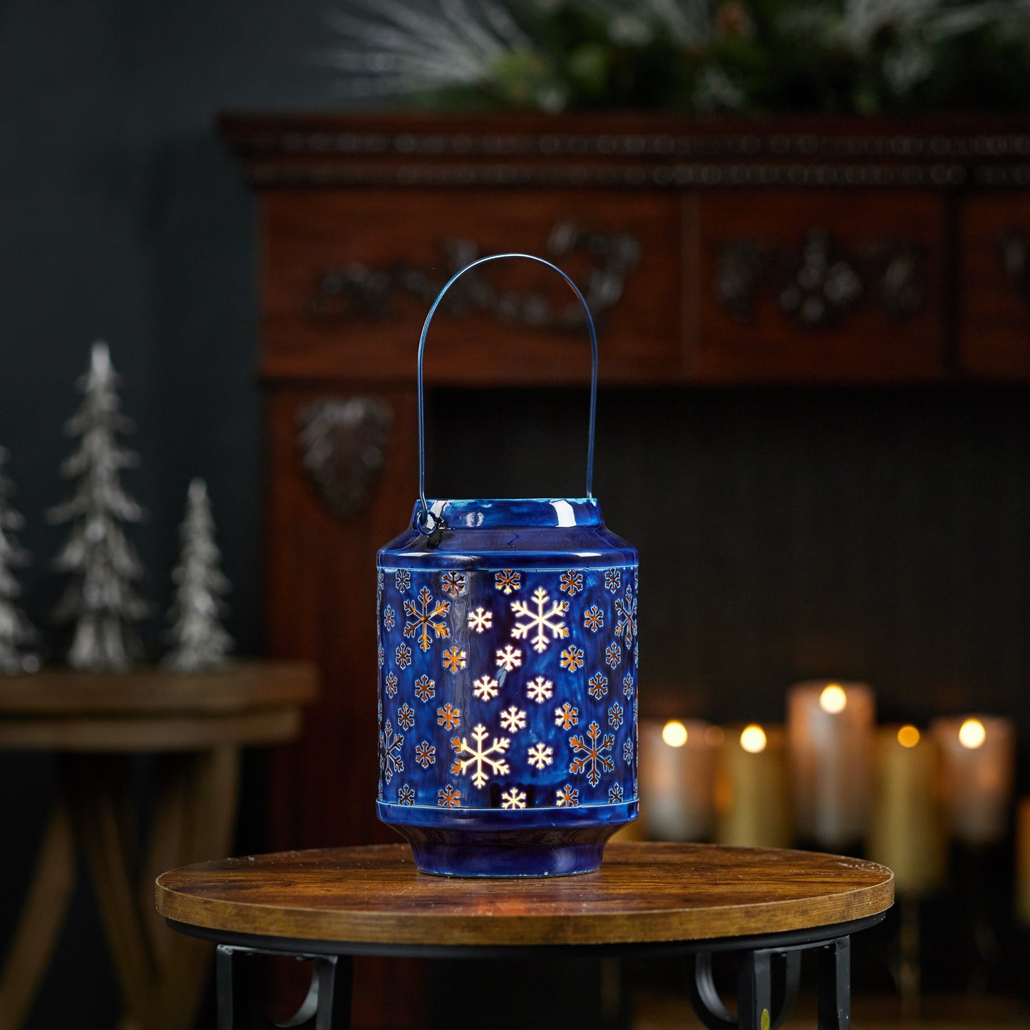 Snowflake Punched Metal Candle Lantern 9.5"H