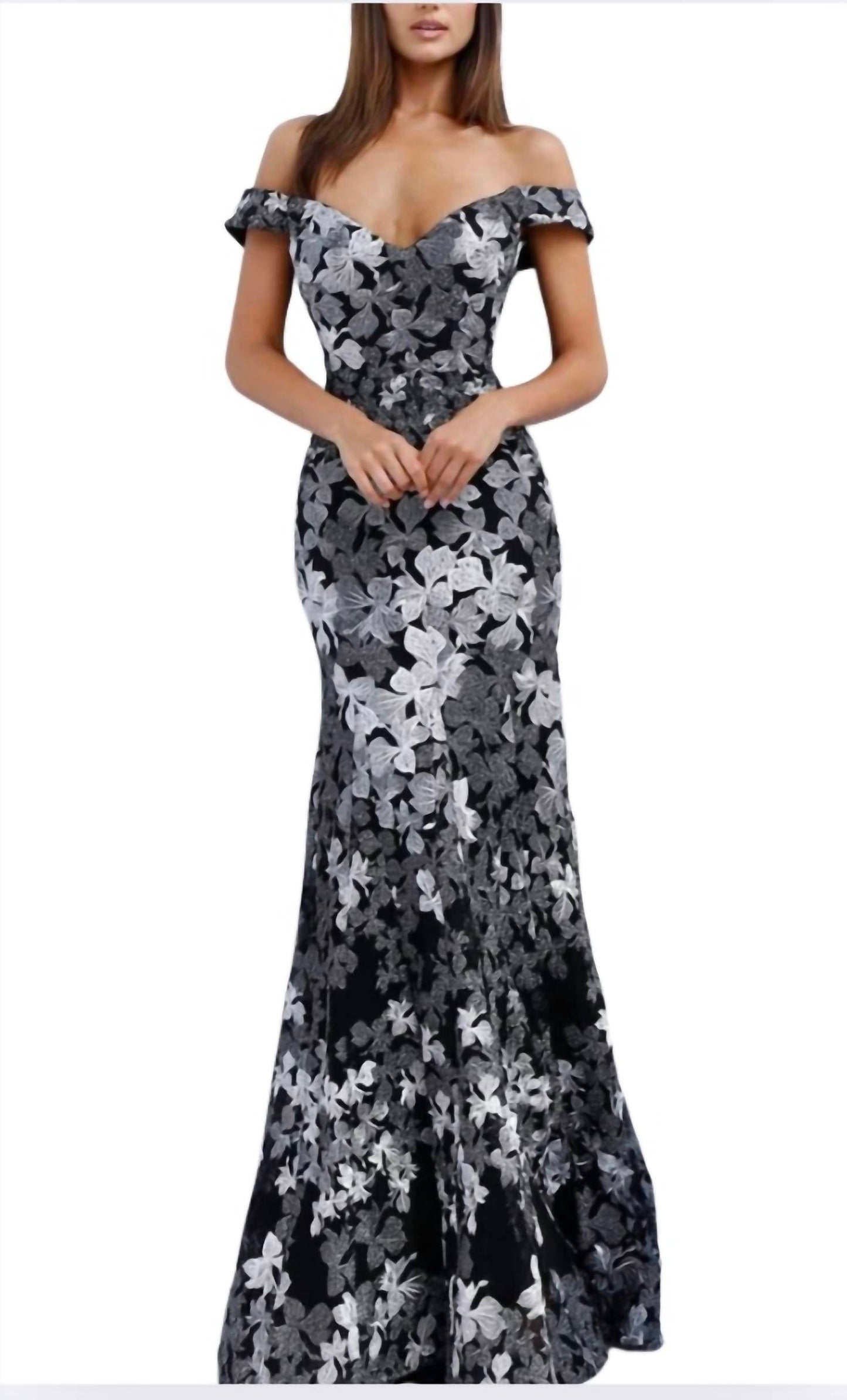 Jovani - Two Tone Embroidered Off-Shoulder Gown