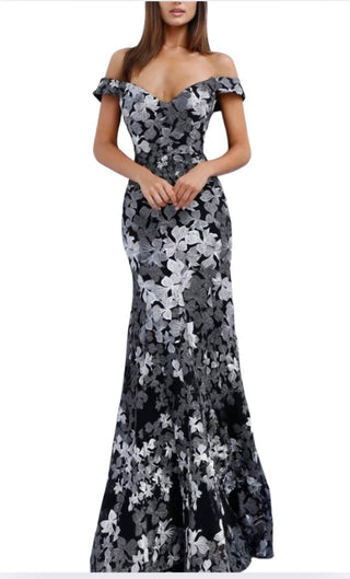 Jovani - Two Tone Embroidered Off-Shoulder Gown