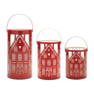 Punched Metal House Lantern (Set of 3, red)