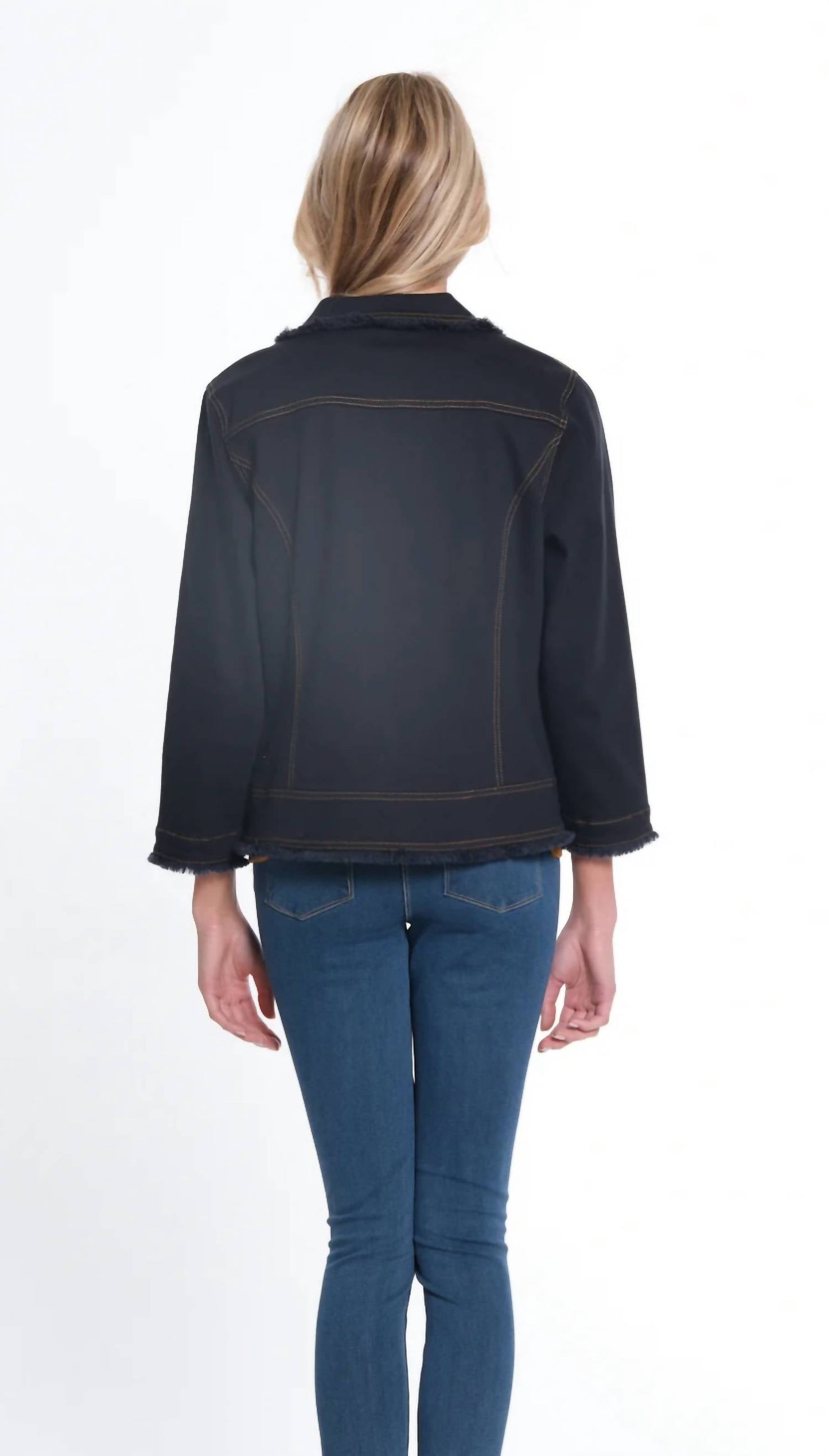 Multiples - Zip Cuff 3/4 Sleeve Fringe Denim Jacket