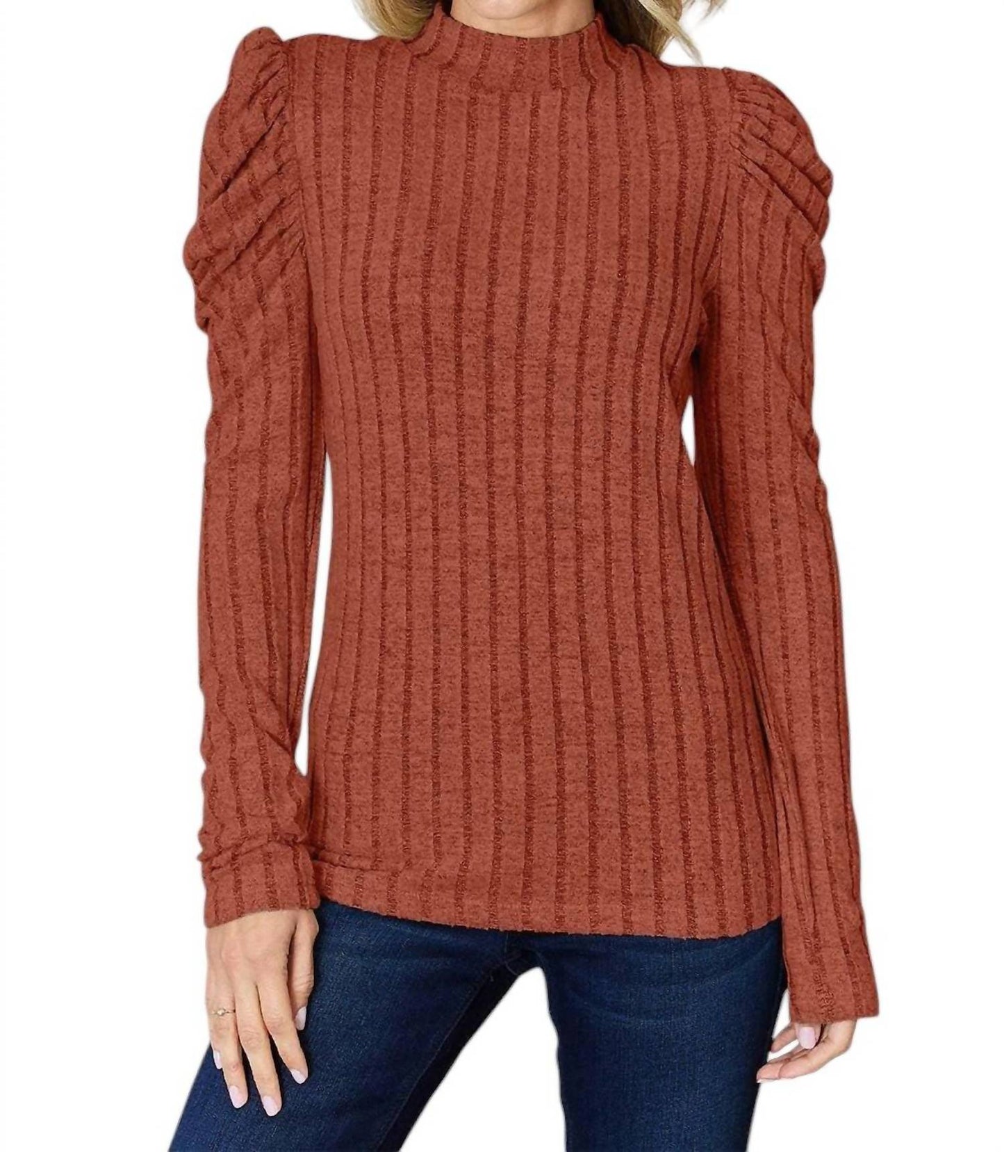 Basic Bae - Ribbed mock neck top with puff sleeves