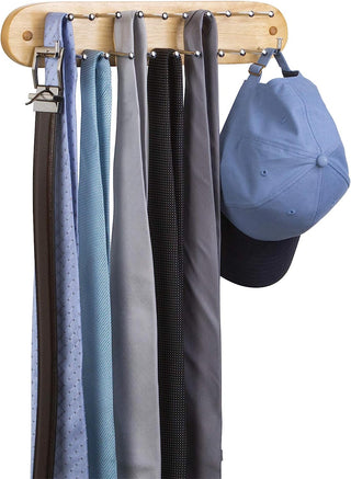 Wall Mounted Tie, Belt and Scarf Hanger, Holds Up to 21-Ties, Natural Wood