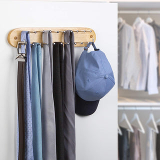Wall Mounted Tie, Belt and Scarf Hanger, Holds Up to 21-Ties, Natural Wood