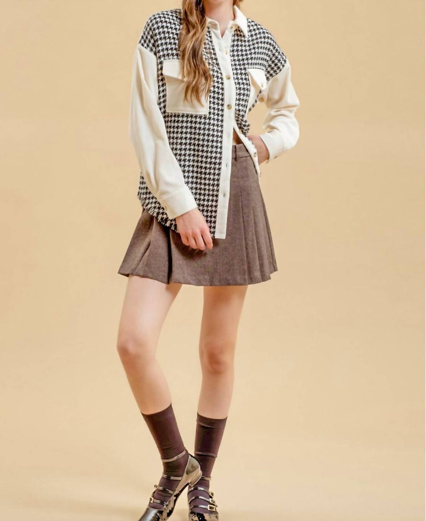 Blu Pepper - Colorblock Houndstooth Shacket