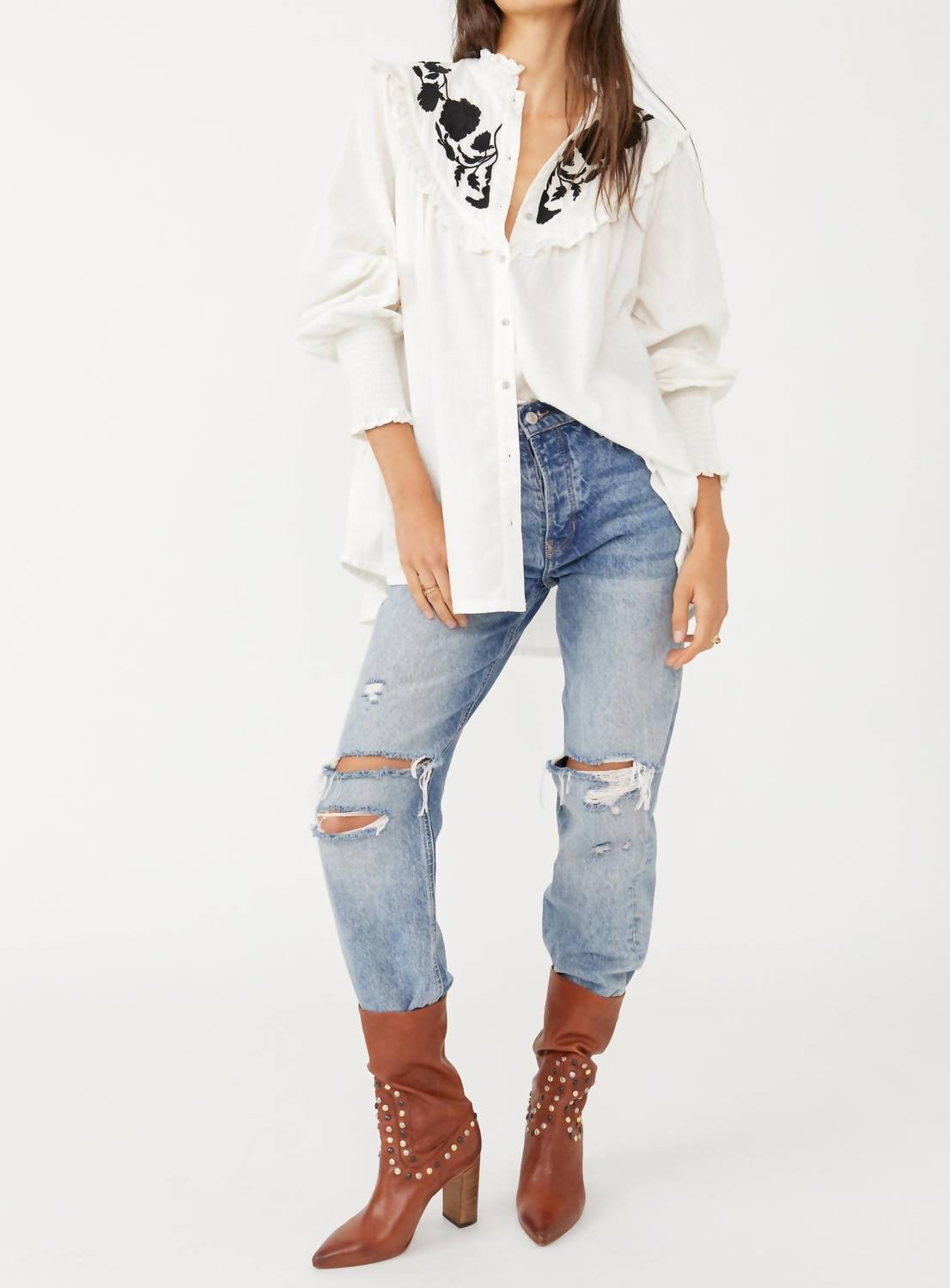 Free People - Rose Vines Embroided Button Down Top
