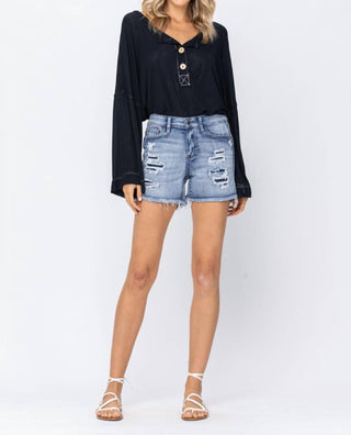 Judy Blue - Patch + Wash-out Jean Shorts