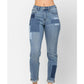 Judy Blue - High Waist Double Rolled Cuff Patch Boyfriend Jeans