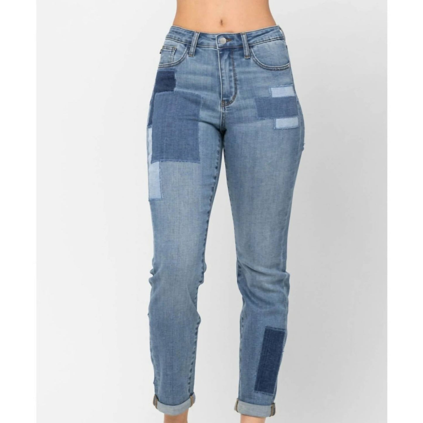 Judy Blue - High Waist Double Rolled Cuff Patch Boyfriend Jeans