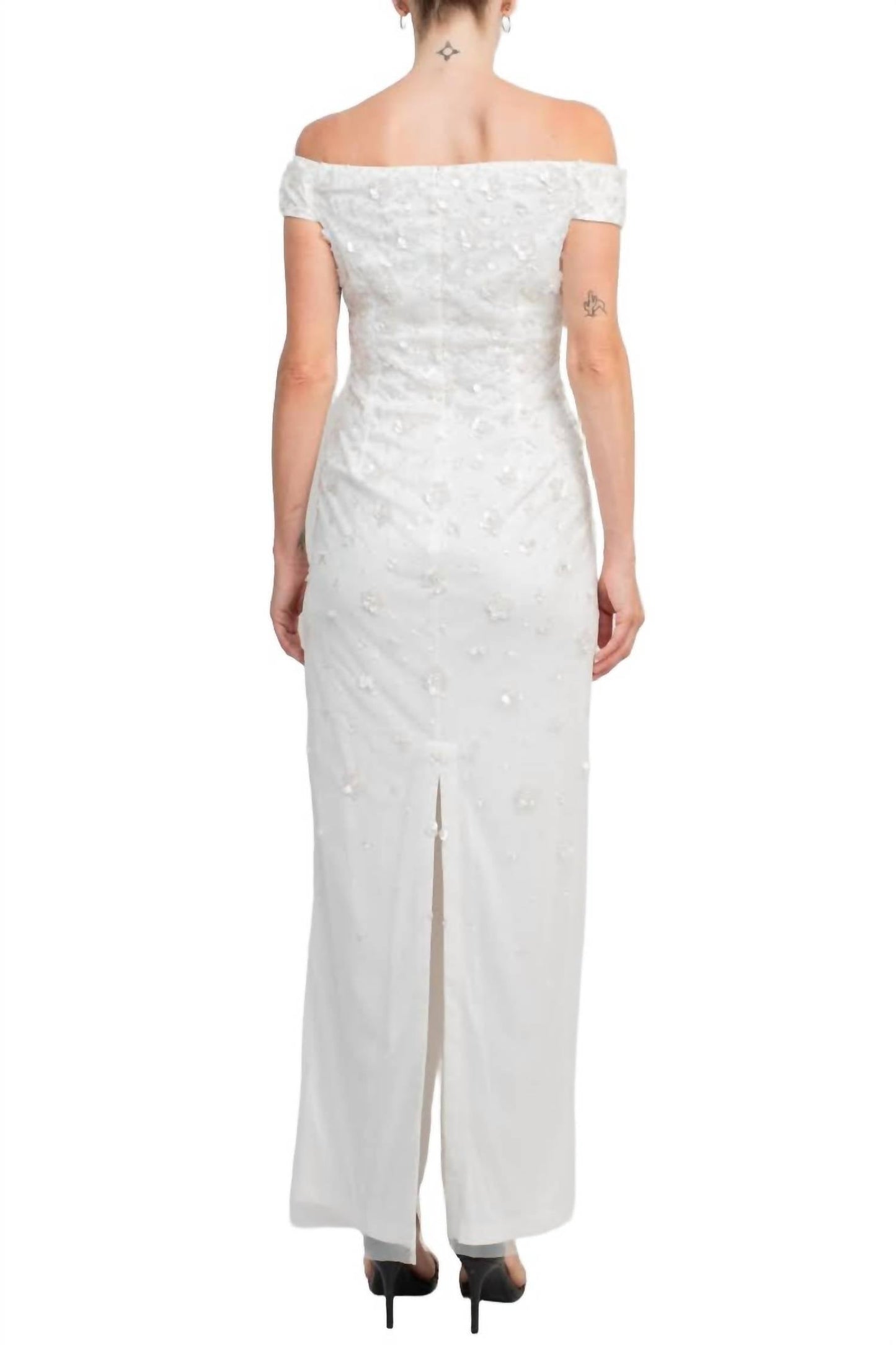 Adrianna Papell - Off The Shoulder Sequined Beaded Column Mesh Dress