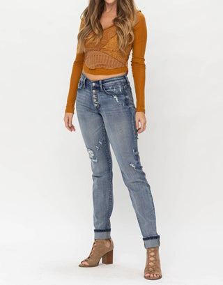 Judy Blue - Mid Rise Button Fly & Cuff Options Tall Boyfriend Denim Jeans