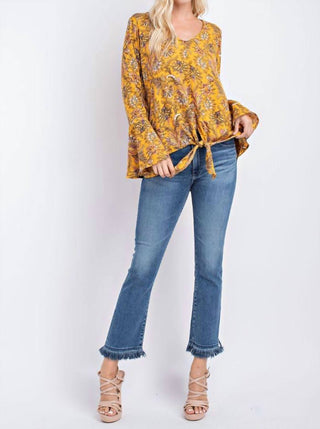 143 Story - Golden Yellow With Floral Front Tie Blouse