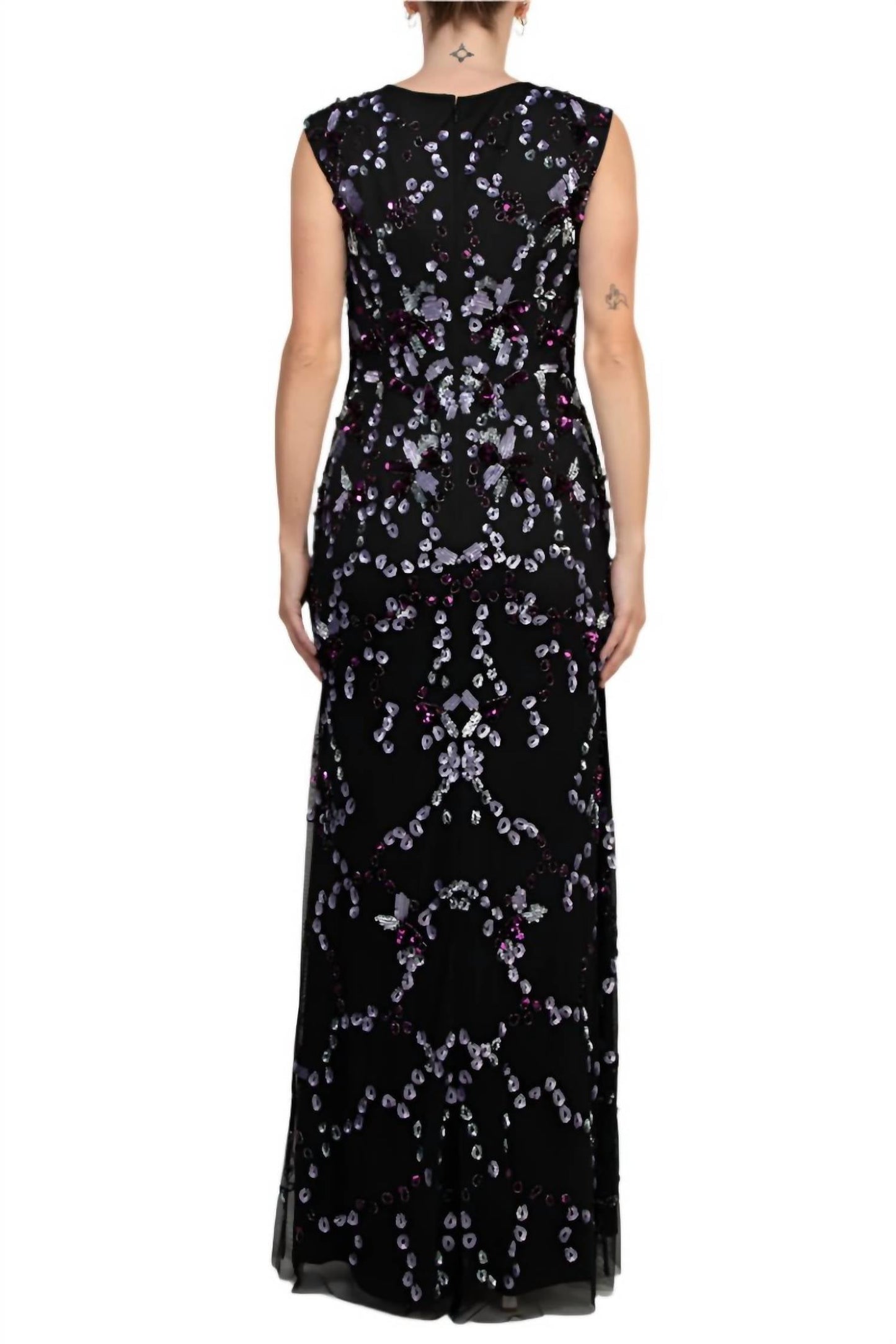 Adrianna Papell - Beaded V-neck Sleeveless Font Slit Gown