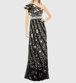 Mac Duggal - Embroideredruffled One Shoulder Lace Up Gown