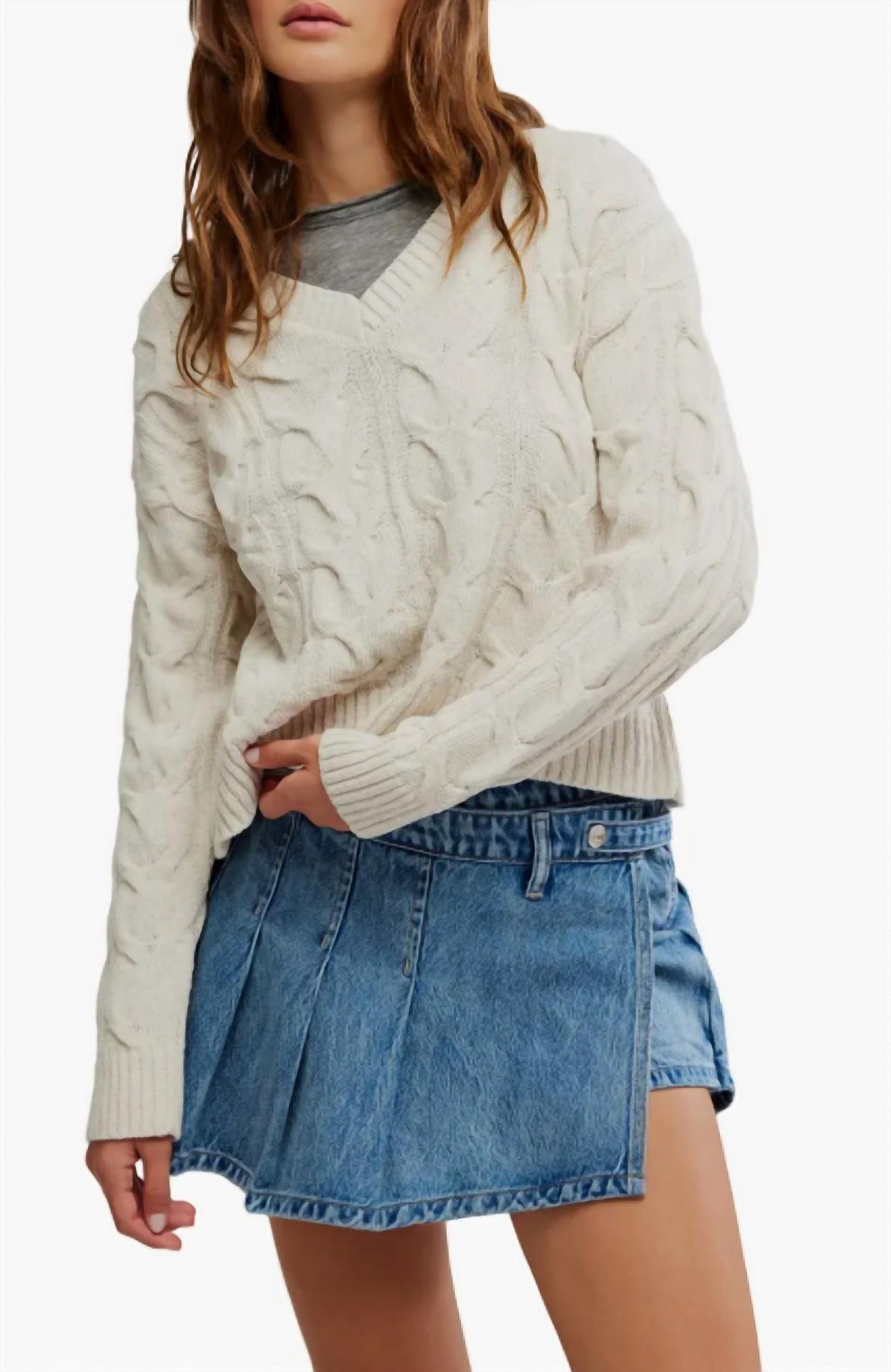 Free People - Washed Cable Neck Sweater