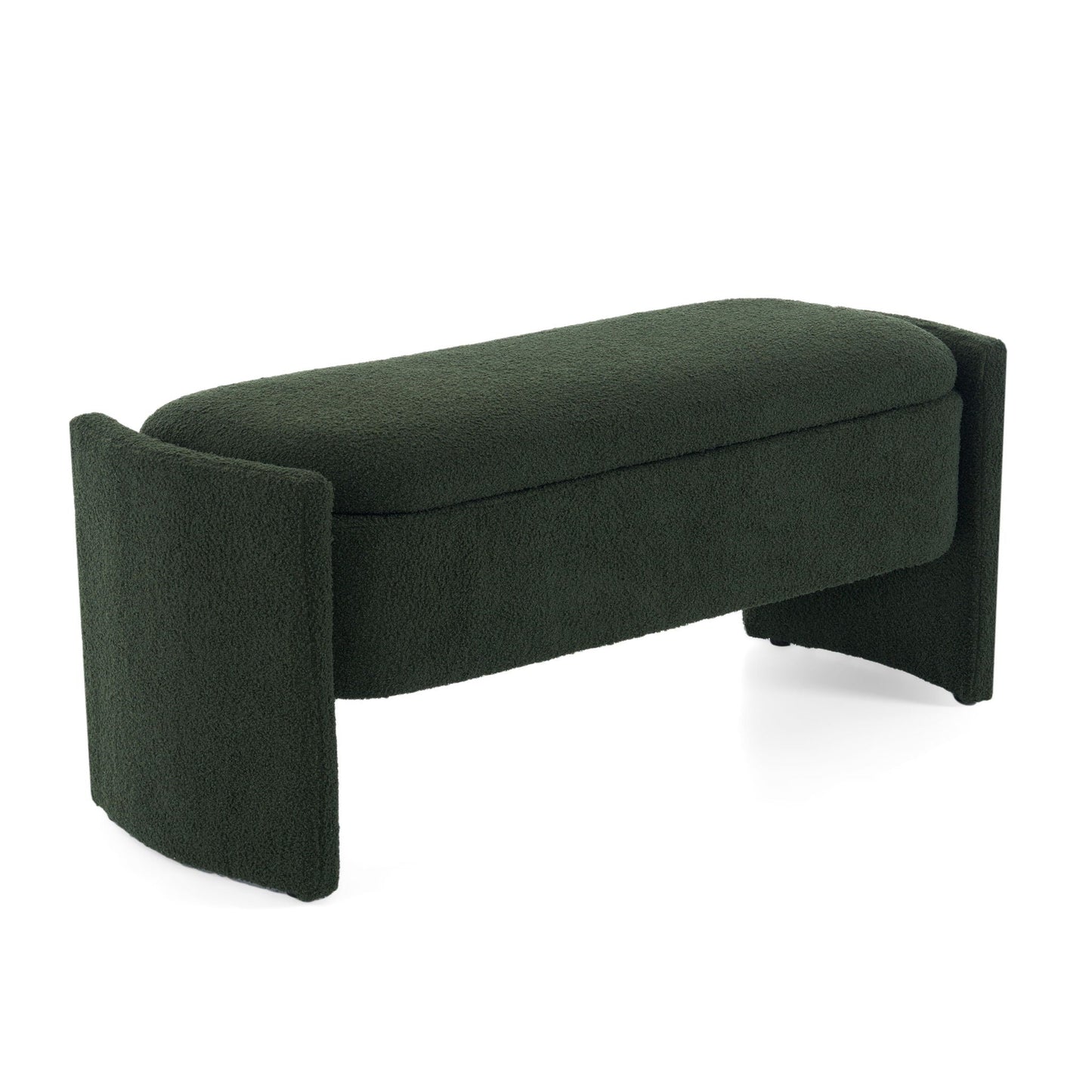 Elegant Long Shaped Storage Ottoman Bench, Boucle Material, Dark Green