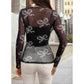 1 The Woman - Mesh Bow Print Long Sleeve Top