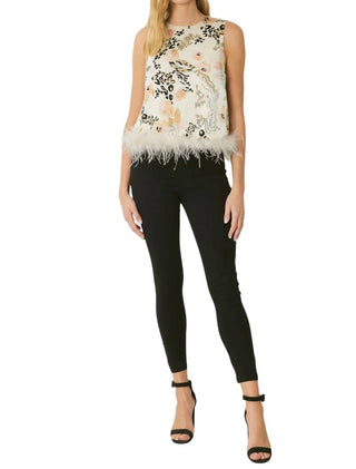 Entro - Abstract Tank Top With Feather Trim