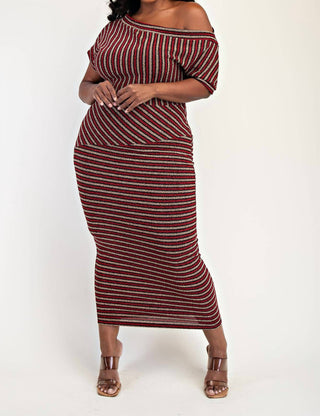 The Curve La - Plus Size Stripe Lurex Knit Off Shoulder Knit Midi Dress