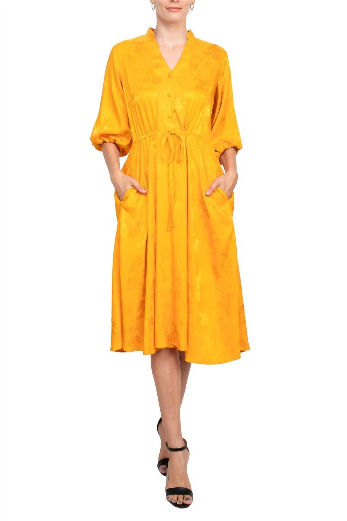 52Seven - Split Neck Balloon Sleeve Jacquard Dress