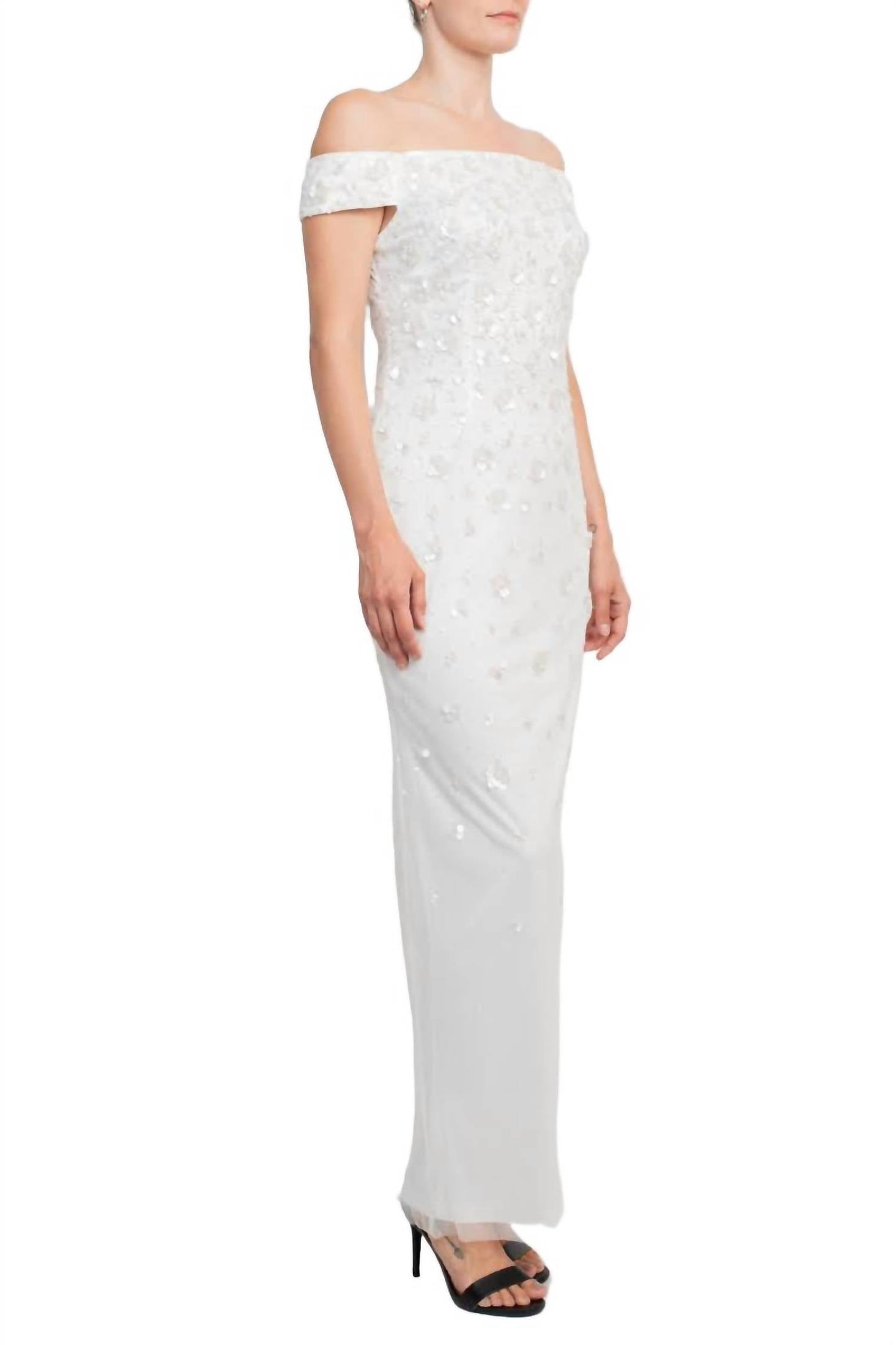 Adrianna Papell - Off The Shoulder Sequined Beaded Column Mesh Dress