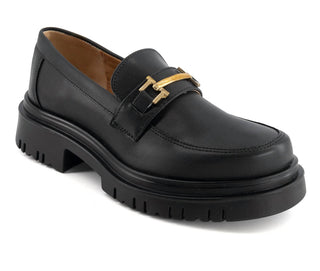 Andrea - Women's Black Penny Loafers With Golden Ornament