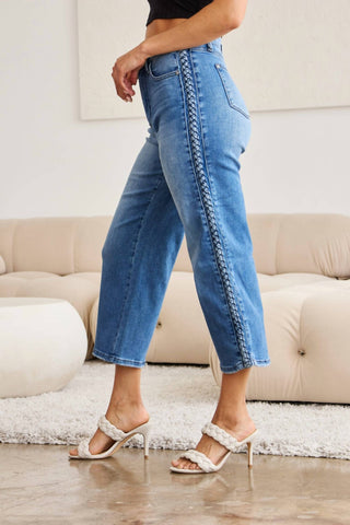 Judy Blue - High Waist Braided Detail Crop Wide Leg Jeans