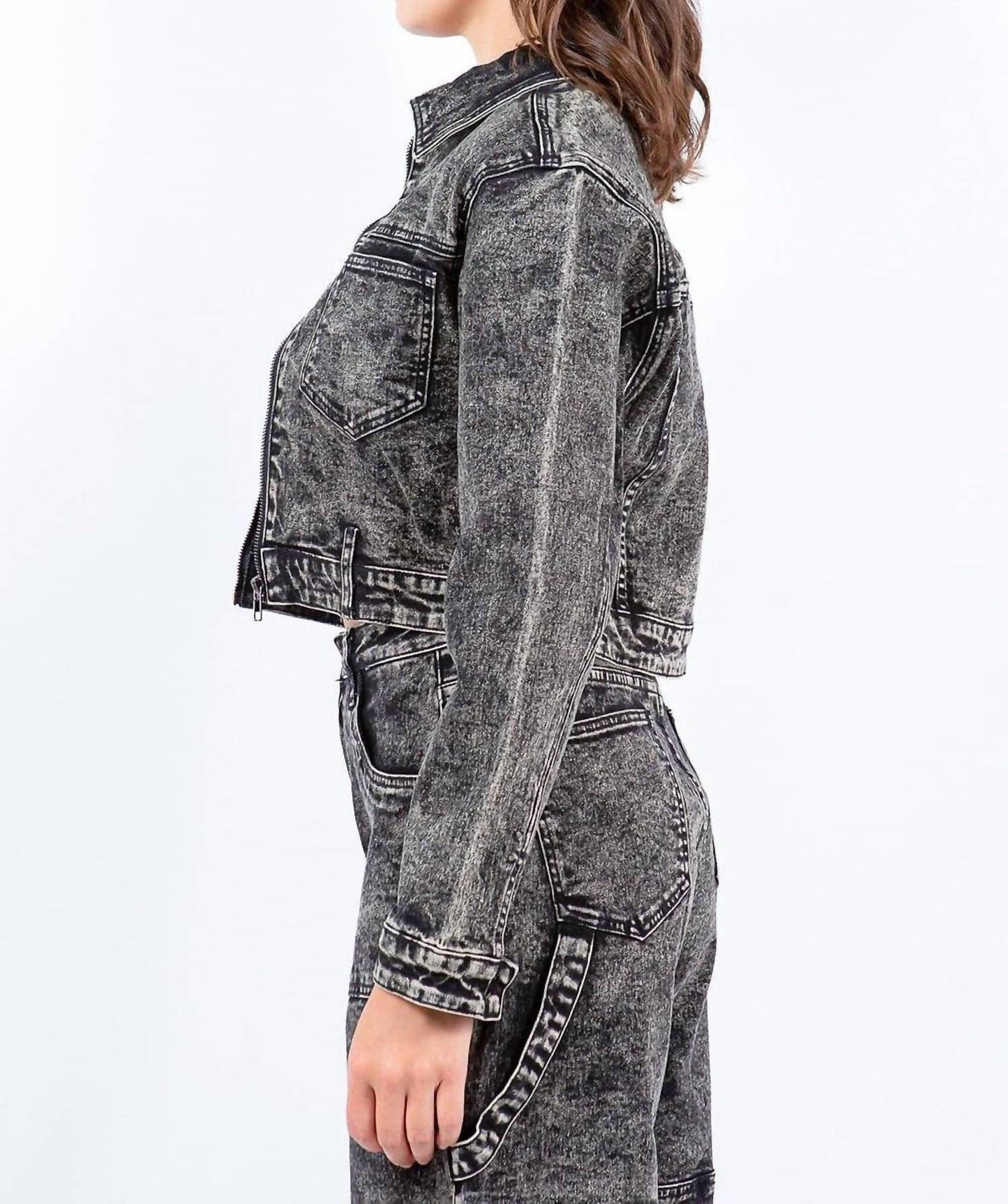 American Bazi - Chic Cropped Zip-up Bleached Jacket