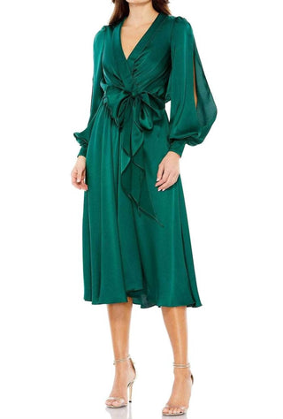 Mac Duggal - Collared Faux Wrap Bishop Sleeve Flowy Dress