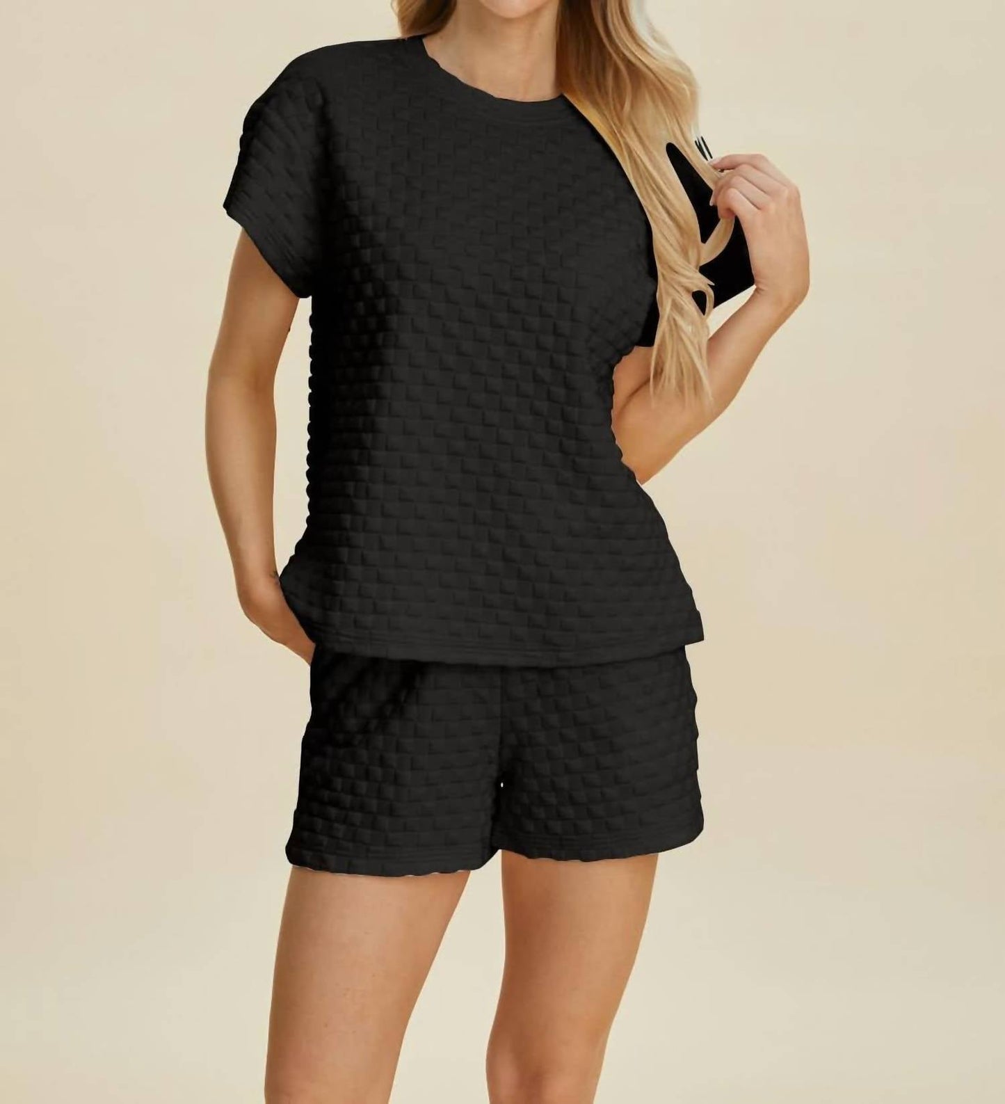 Double Take - Sleek Texture T-Shirt and Shorts Set