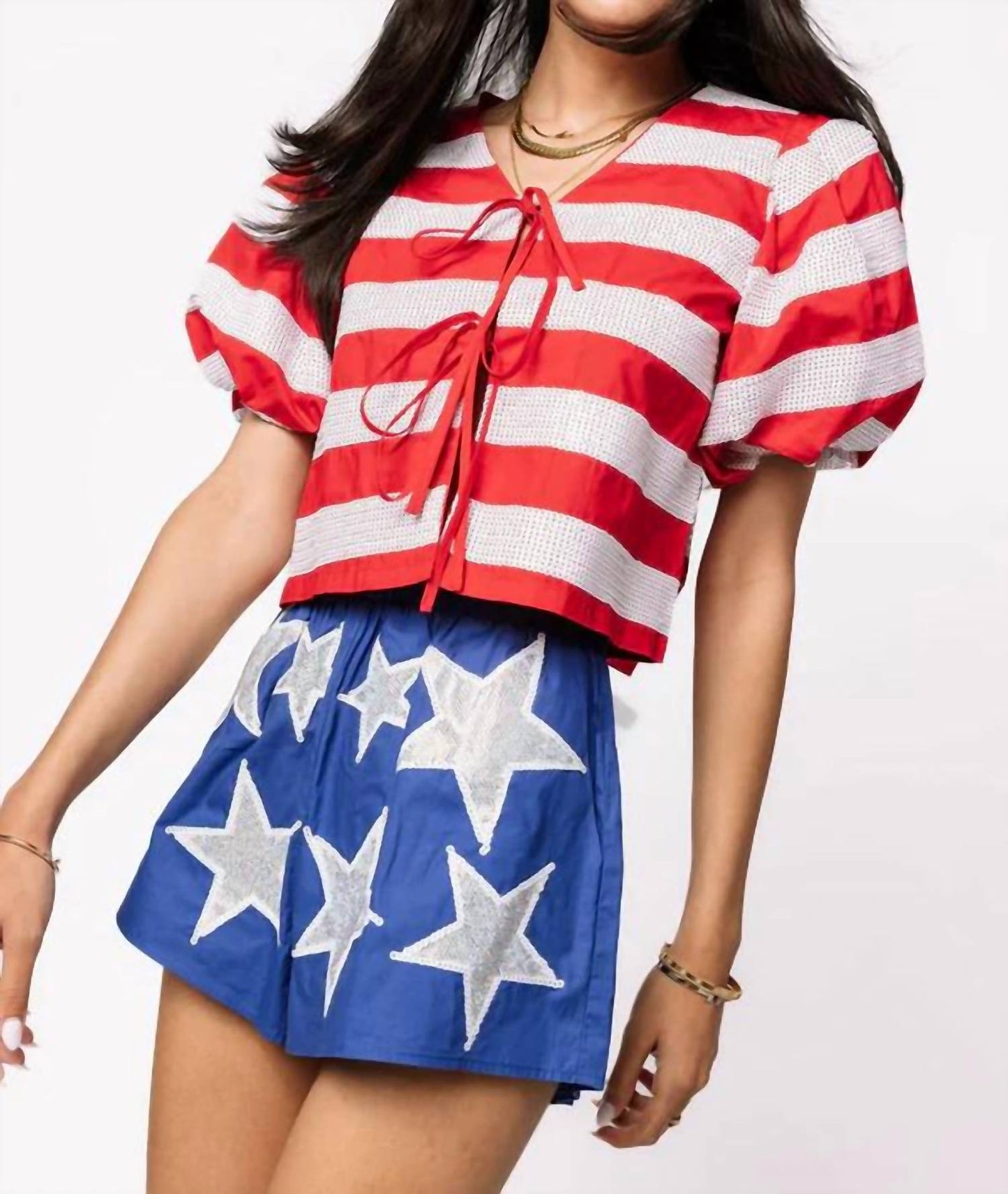Queen Of Sparkles - STRIPE COTTON POOF SLEEVE TIE TOP