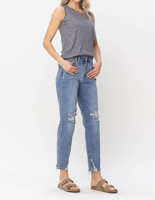 Judy Blue - High Waist Button Fly Destroyed Boyfriend Denim Jeans