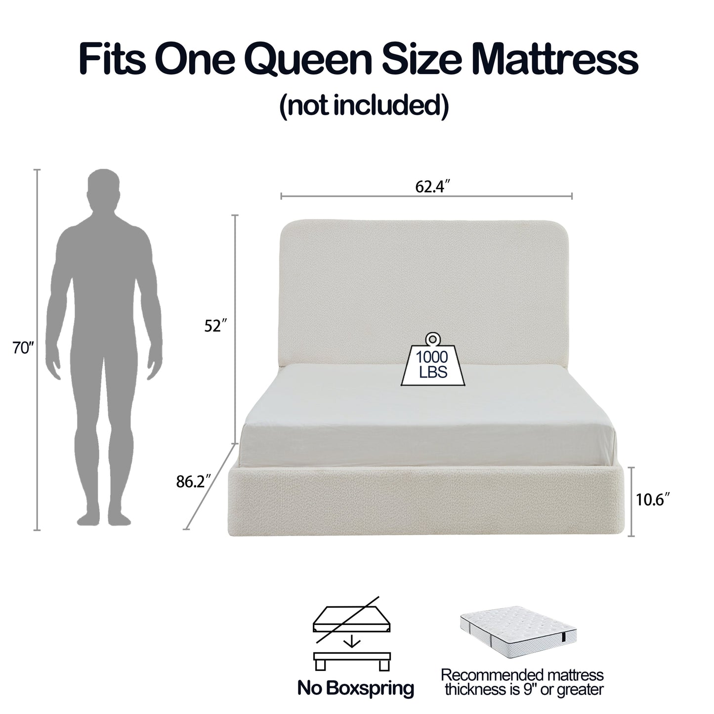 Canter Tall Headboard Upholstered Bed in Pearl White Chenille, Queen Size