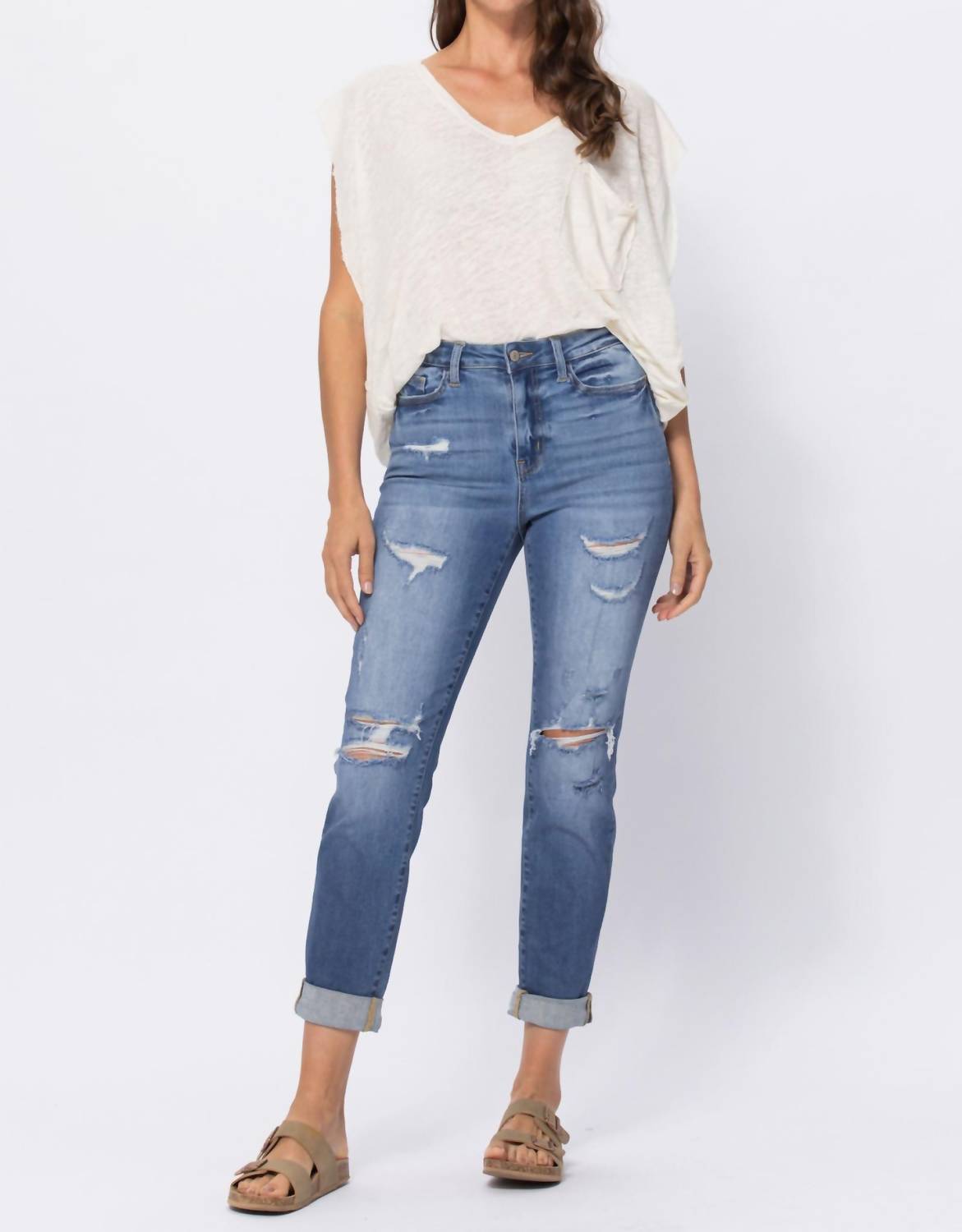 Judy Blue - High Waist Cuffed Boyfriend Jeans