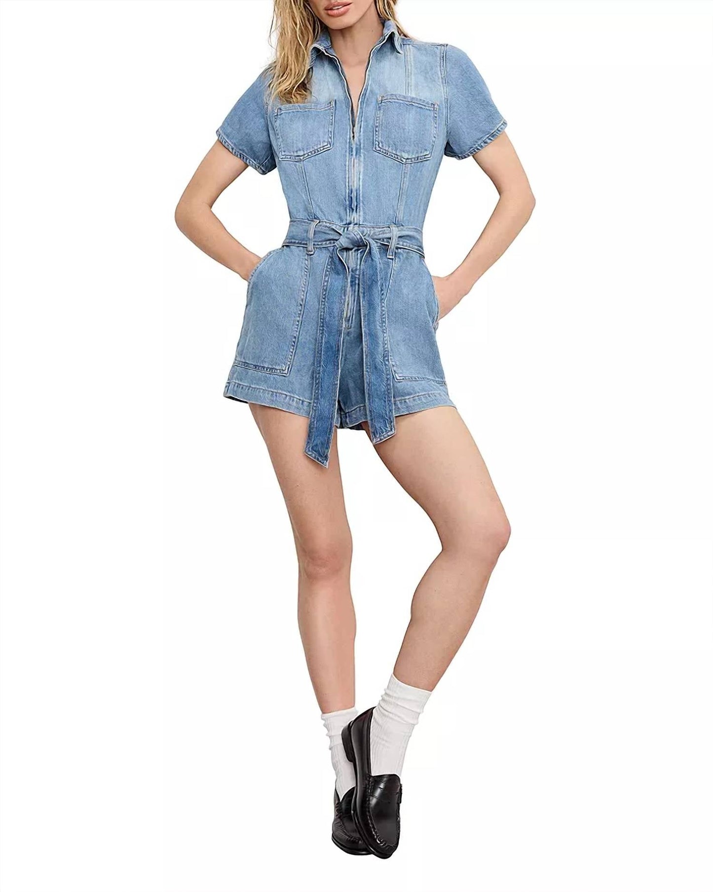 Good American - Fit For Success Lite Linen Denim Shorts Romper