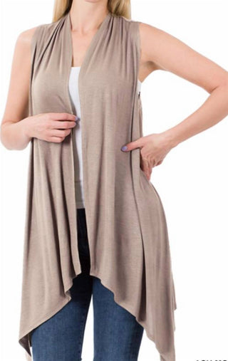 Zenana - Sleeveless Draped Open Front Cardigan
