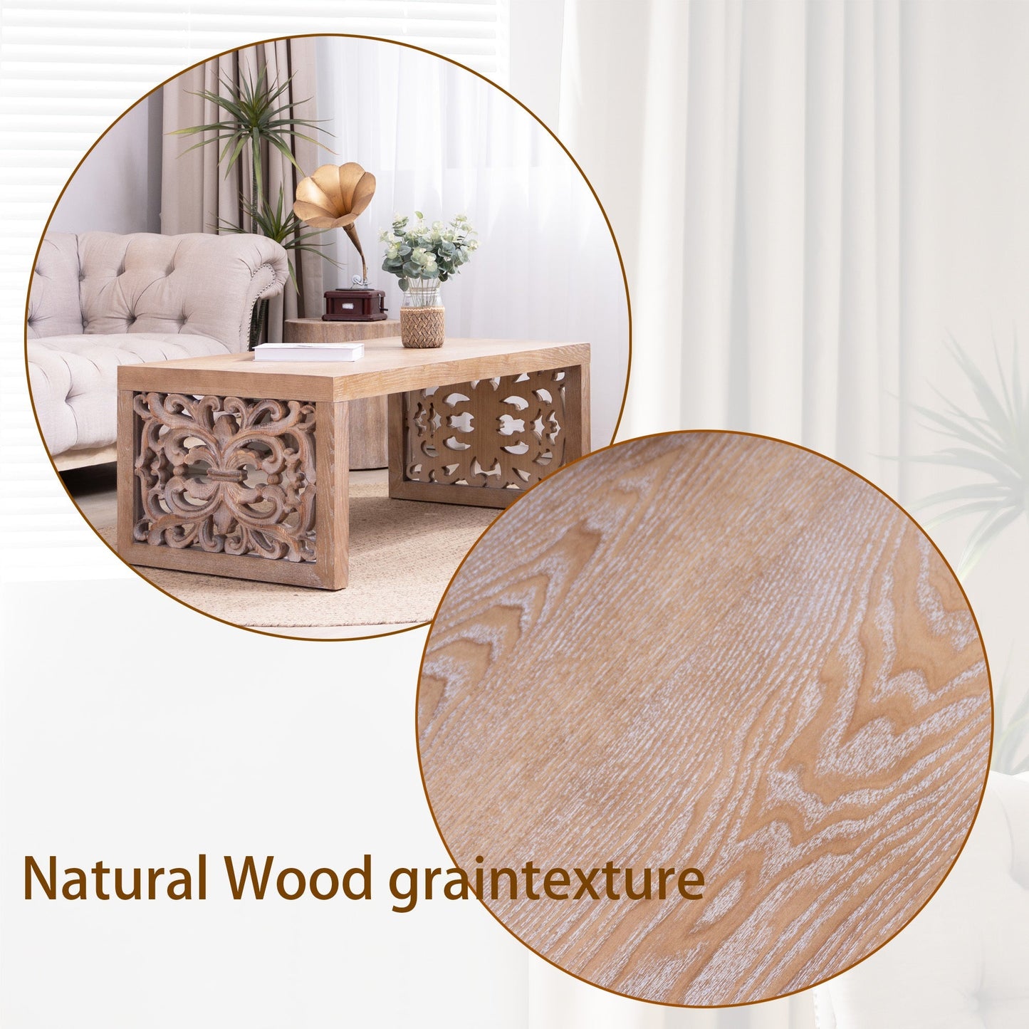47.2 Rustic Carved Wood Coffee Table – Handcrafted Look with Ornate Side Panels