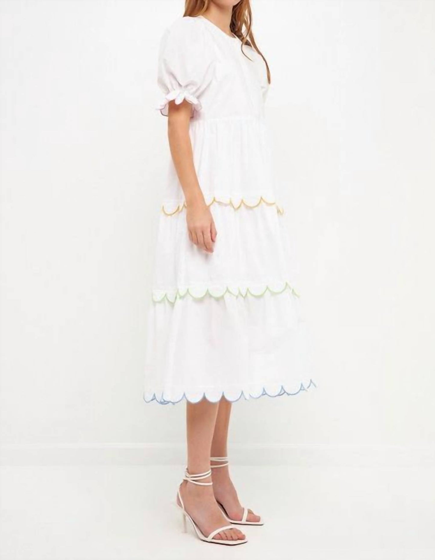 2.7 August Apparel - Scallop Edge Puffy Short Sleeve Midi Dress